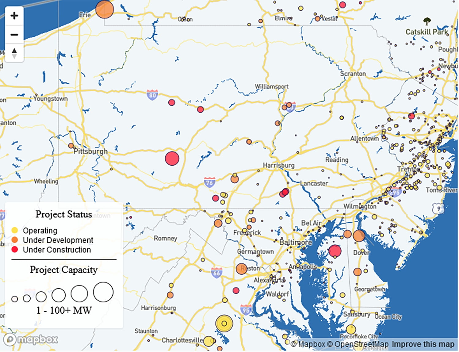 Large-capacity solar projects operating, under development, or under construction in Pennsylvania and the Mid-Atlantic, May 2022. Credit: Solar Energy Industries Association, https://www.seia.org/research-resources/major-solar-projects-list