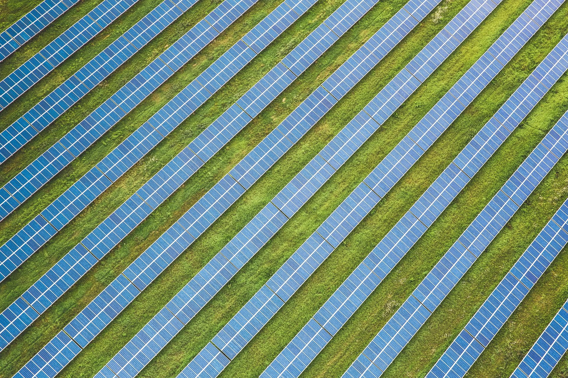 Aerial view of many solar panels in a field. Credit: Markus Spiske, Unsplash, CC